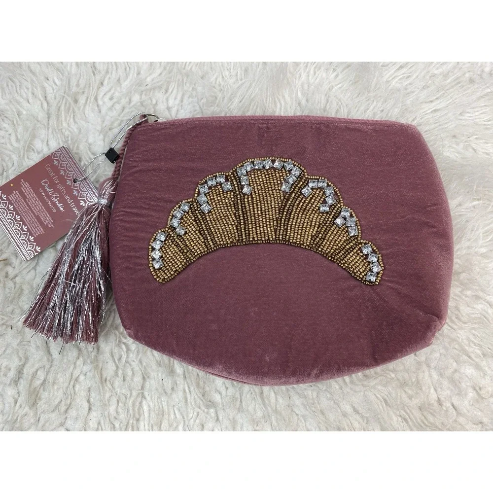 NWT Dwell Studio Pink Velvet Gold Hand Beaded Rhinestone Cosmetic Bag